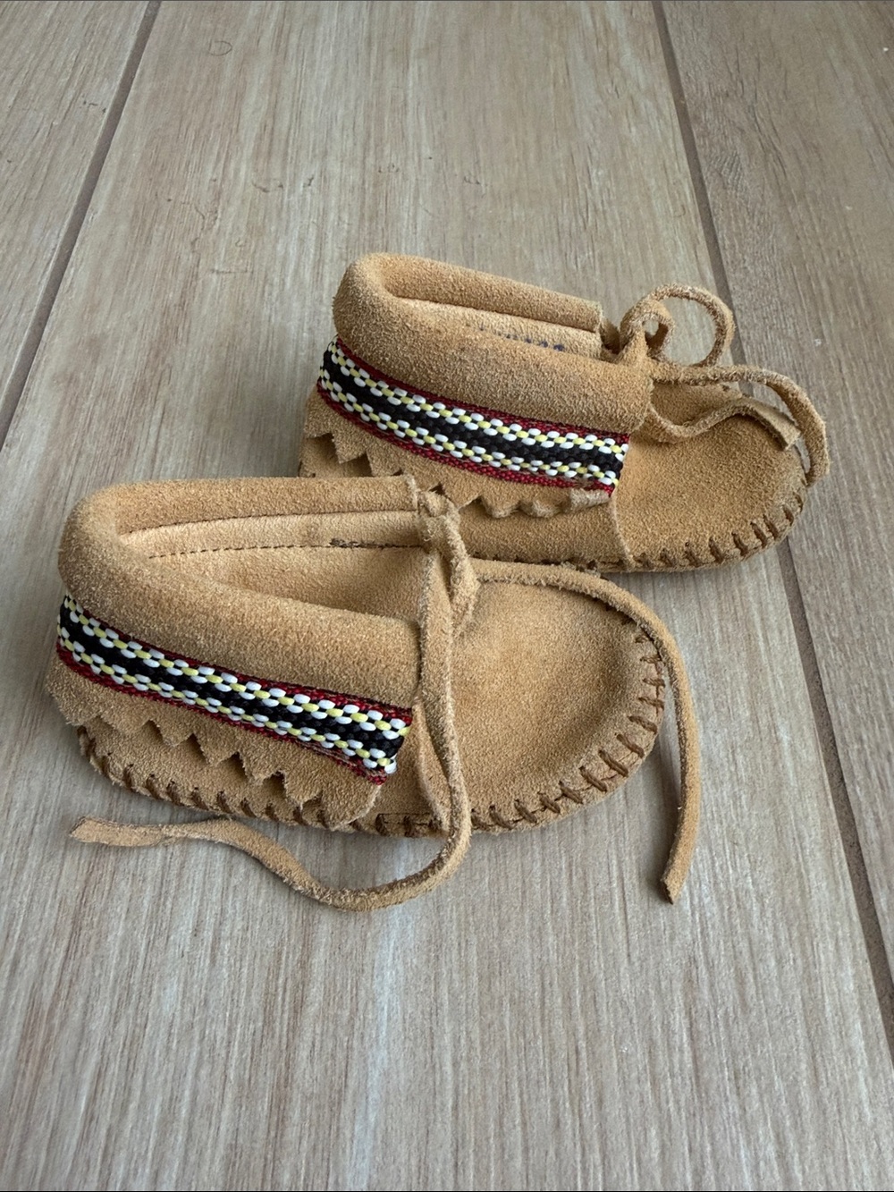 Baby Suede Tan Moccasins with Decorative Trim, made in Dominican Republic